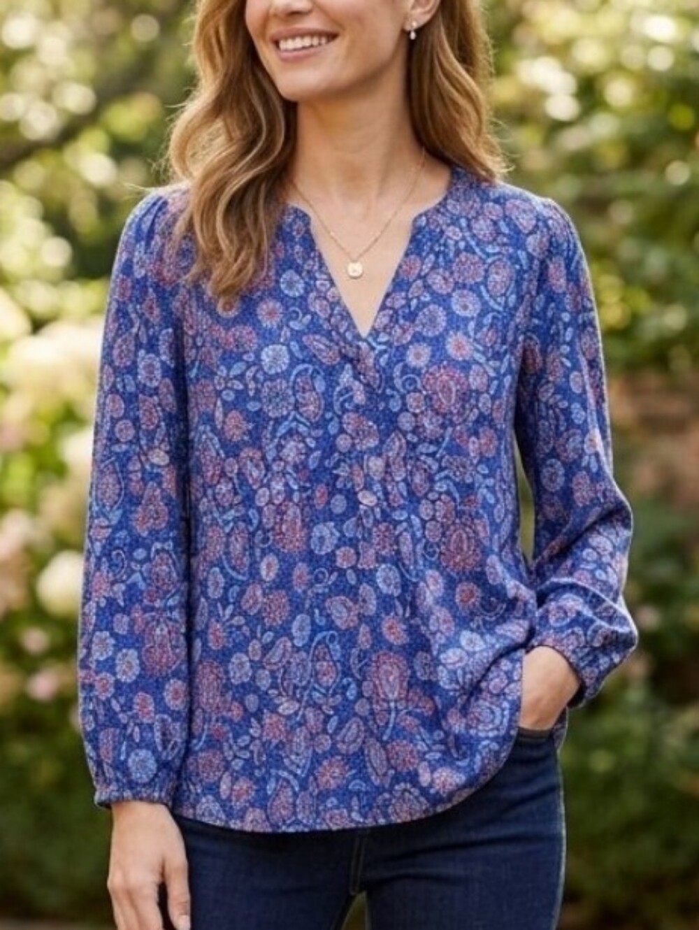 J. Jill Blue Paisley Floral Split V-Neck Long Sleeve Top Sz S
